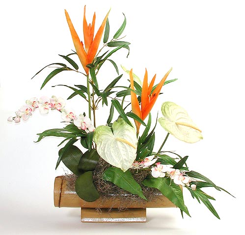 Tropical Silk Flower Arrangement in Bamboo