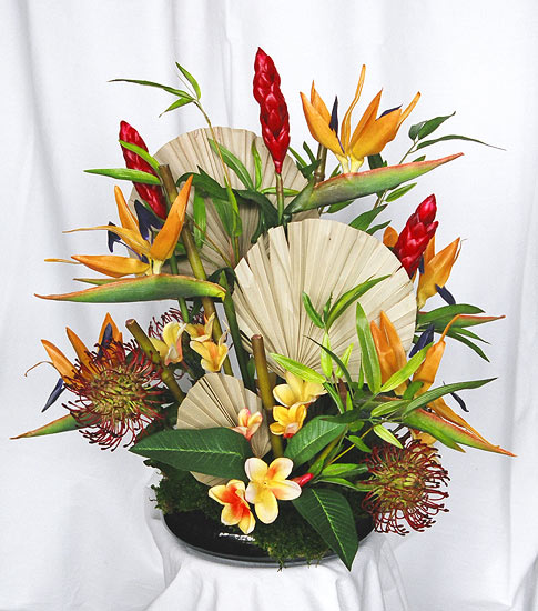 Tropical Silk Flower Arrangement in Bamboo