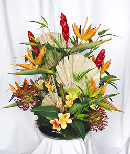 Tropical Silk Flower Arrangement in Bamboo