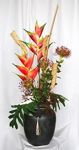 Tropical Silk Flower Arrangement in Bamboo